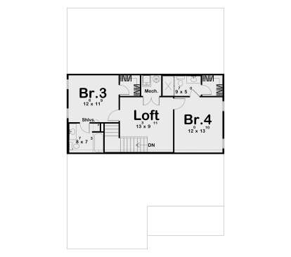 Second Floor: 2 BR, 2 BA, Loft, Mech room, stairs, closets. House Plan # 963-01320 Second Floor Floor Plan Drawing by America's Best House Plans, Inc.