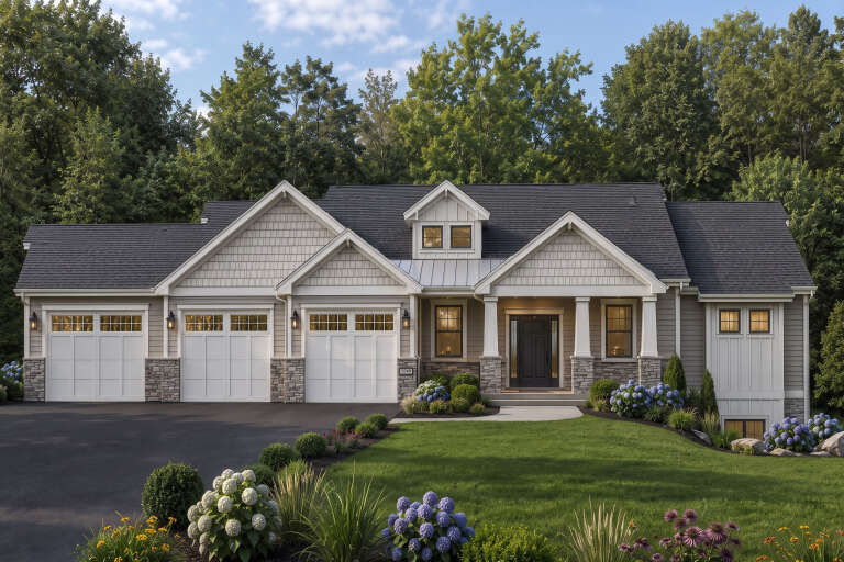 Taupe Craftsman, Front Elevation with stone base, shake siding, white garage doors, lantern lights, and lush landscaping. House Plan # 8768-00226 Digital Rendering by America's Best House Plans, Inc.
