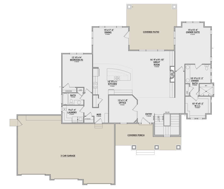 Main Floor: 2BR, 2BA, Great Room, Kitchen, Dining, Office, Ldry, Mud, 3-car garage, Covered Patio & Porch, 10' ceilings. House Plan # 8768-00226 Main Floor  Floor Plan Drawing by America's Best House Plans, Inc.