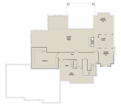 Basement: 2 Future BR, 1 Future BA, Future Family Room, Fireplace, Storage, Cold Storage, Mech room, Stairs. Unheated areas. House Plan # 8768-00226 Basement Floor Plan Drawing by America's Best House Plans, Inc.