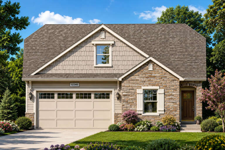 Tan Craftsman Front Elevation, stone and shake siding, carriage garage door, white shutters, lantern lights, landscaping. House Plan # 8768-00227 Digital Rendering by America's Best House Plans, Inc.
