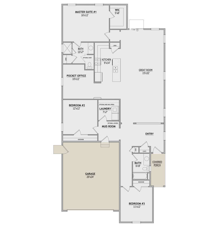 Main Floor: 3BR, 2BA, Great Room, Kitchen, Pocket Office, Ldry, Mud Room, 2-car garage, Covered Porch, WIC, linen closets. House Plan # 8768-00227 Main Floor  Floor Plan Drawing by America's Best House Plans, Inc.