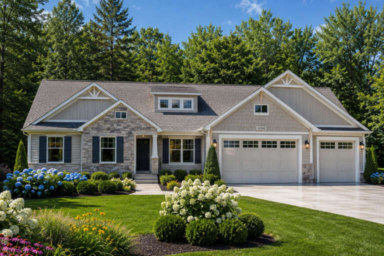 Taupe Craftsman Front Elevation, stone and shake siding, dark shutters, lantern lights, lush landscaping, concrete drive. House Plan # 8768-00228 Digital Rendering by America's Best House Plans, Inc.