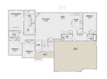 Main Floor: 4BR, 3BA, vaulted Family/Dining/Kitchen, Ldry, 3-car garage, porch, stairs, WIC, pantry. Vaulted/coffered ceilings. House Plan # 8768-00228 Main Floor  Floor Plan Drawing by America's Best House Plans, Inc.