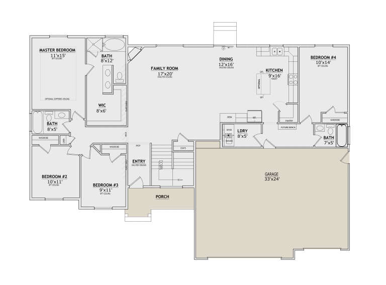 Main Floor: 4BR, 3BA, vaulted Family/Dining/Kitchen, Ldry, 3-car garage, porch, stairs, WIC, pantry. Vaulted/coffered ceilings. House Plan # 8768-00228 Main Floor  Floor Plan Drawing by America's Best House Plans, Inc.