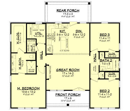 Main Floor: 3BR, 2BA, Great Room w/ fireplace, Kitchen w/ island, Dining, Ldry, WIC, Front/Rear Porches. 9'-10' ceilings. House Plan # 041-00453 Main Floor  Floor Plan Drawing by America's Best House Plans, Inc.