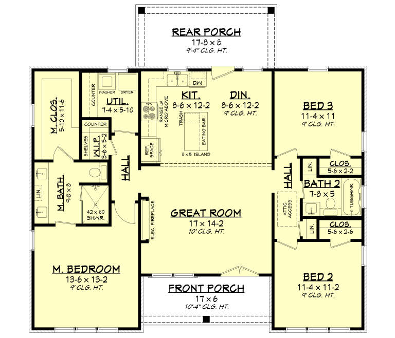 Main Floor: 3BR, 2BA, Great Room w/ fireplace, Kitchen w/ island, Dining, Ldry, WIC, Front/Rear Porches. 9'-10' ceilings. House Plan # 041-00453 Main Floor  Floor Plan Drawing by America's Best House Plans, Inc.
