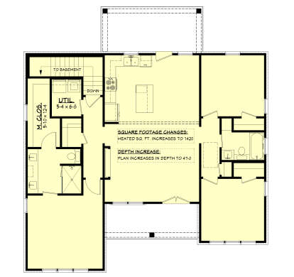 2BR, 2BA, Kitchen, Living, Util, M.Clos, Stairs to basement, Rear deck. 1420 heated sq ft. House Plan # 041-00453 Basement Floor Plan Drawing by America's Best House Plans, Inc.