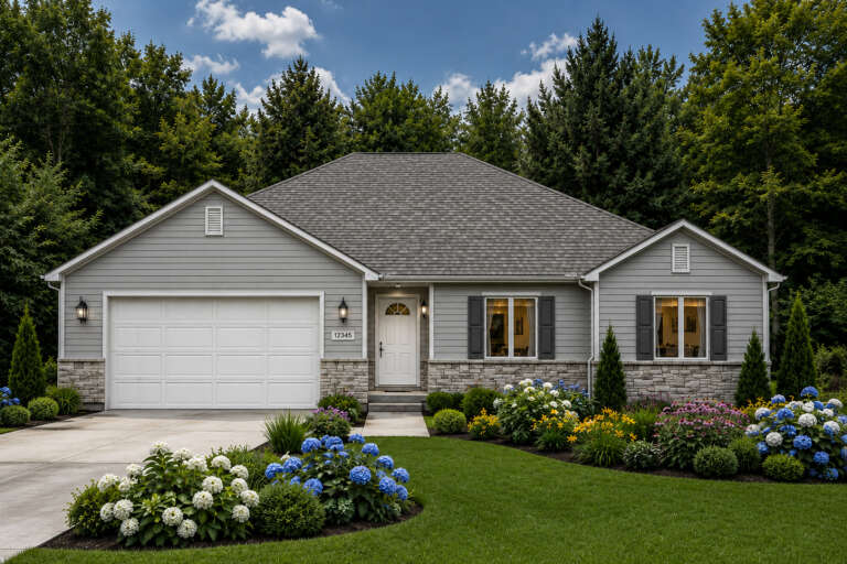 Grey Traditional Front Elevation, lap siding, stone veneer base, dark shutters, lantern lights, lush garden landscaping. House Plan # 8768-00229 Digital Rendering by America's Best House Plans, Inc.