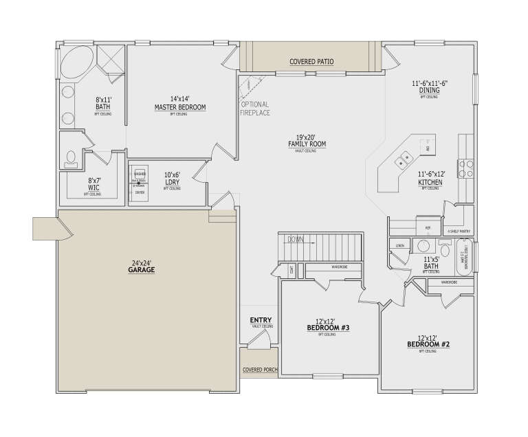 Main Floor: 3BR, 2BA, Vaulted Family Rm w/ fireplace, Kitchen, Dining, Ldry, WIC, 2-car garage, stairs, porch, covered patio. House Plan # 8768-00229 Main Floor  Floor Plan Drawing by America's Best House Plans, Inc.