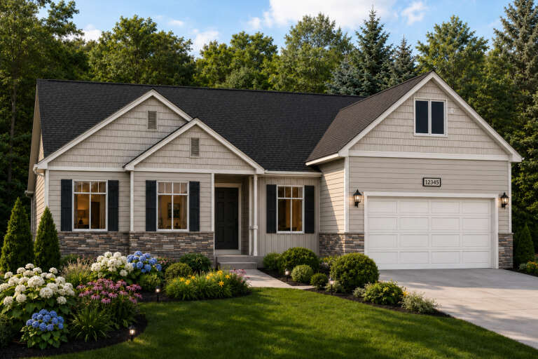 Tan Craftsman, Angled Front Elevation, stone base, lap siding, black shutters, lantern lights, and lush garden beds. House Plan # 8768-00230 Digital Rendering by America's Best House Plans, Inc.