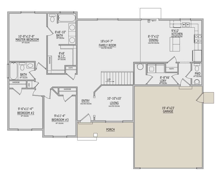 Main Floor: 3BR, 2.5BA, Vaulted Family/Living/Dining/Kitchen, Ldry, Pantry, 2-car garage, Porch, WIC, stairs. Vaulted ceilings. House Plan # 8768-00230 Main Floor  Floor Plan Drawing by America's Best House Plans, Inc.