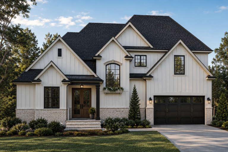 White Modern Farmhouse, Front Elevation, board-and-batten siding, brick base, black accents, lantern lights, landscaping. House Plan # 6102-00001 Digital Rendering by America's Best House Plans, Inc.