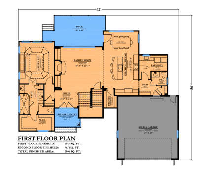 Main Floor: 1BR, 1.5BA, Family, Kitchen/Dining, Foyer, Ldry, Mud, Pantry, 2-car garage, Deck, Porch. Tray ceiling in Master. House Plan # 6102-00001 Main Floor  Floor Plan Drawing by America's Best House Plans, Inc.