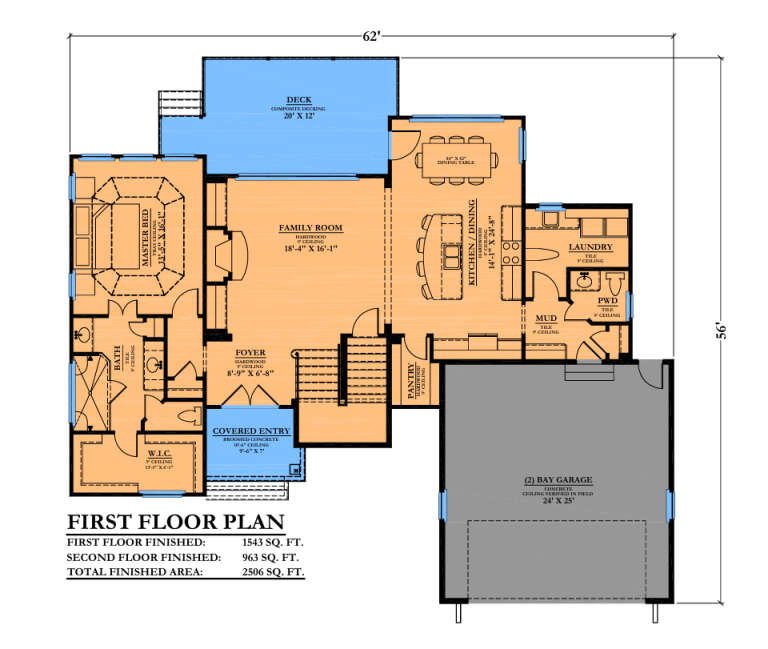 Main Floor: 1BR, 1.5BA, Family, Kitchen/Dining, Foyer, Ldry, Mud, Pantry, 2-car garage, Deck, Porch. Tray ceiling in Master. House Plan # 6102-00001 Main Floor  Floor Plan Drawing by America's Best House Plans, Inc.