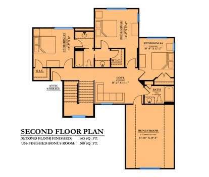 Second Floor: 3BR, 2BA, Loft, Unfinished Bonus Room, Attic Storage, 2 WIC. 8' ceilings. Unheated: Bonus Room, Attic Storage. House Plan # 6102-00001 Second Floor Floor Plan Drawing by America's Best House Plans, Inc.