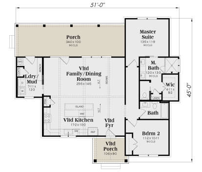 Main Floor: 2BR, 2BA, Vltd Family/Dining/Kitchen/Foyer, Ldry/Mud, WIC, Linen, 2 Porches. Vltd ceilings. Unheated: porches. House Plan # 009-00532 Main Floor  Floor Plan Drawing by America's Best House Plans, Inc.