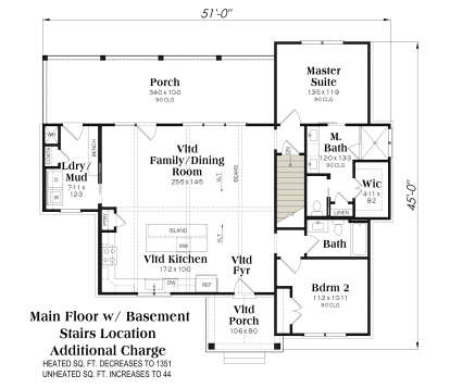 Main Floor w/ Basement Stairs: 2BR, 2BA, Vltd Family/Dining, Vltd Kitchen, Vltd Foyer, Ldry/Mud, WIC, 2 Porches. 1351 heated sqft. House Plan # 009-00532 Main Floor w/ Basement Stairs Location Floor Plan Drawing by America's Best House Plans, Inc.