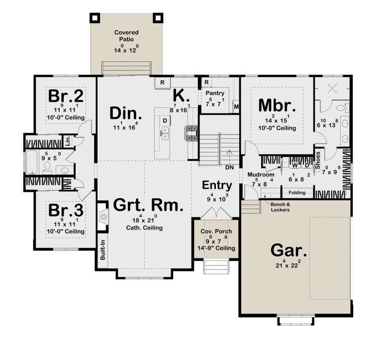 Main Floor: 3BR, 2BA, Grt Rm, Kitchen, Dining, Pantry, Mudroom, Ldry, 2-car garage, Cov. Patio, Cov. Porch, 10' ceilings. House Plan # 963-01321 Main Floor  Floor Plan Drawing by America's Best House Plans, Inc.