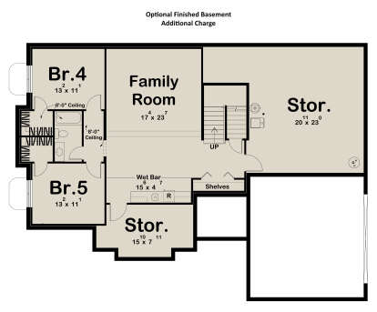 Basement: 2BR, 1BA, Family Room, Wet Bar, 2 Storage areas, Shelves, Stairs. 8' ceilings in bedrooms and bath. House Plan # 963-01321 Basement Floor Plan Drawing by America's Best House Plans, Inc.