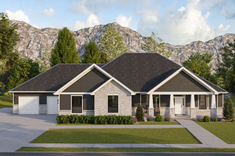 Dark gray Craftsman, Front Elevation, stone and lap siding, tapered porch columns, concrete path, and mountain backdrop. House Plan # 2802-00569 Digital Rendering by America's Best House Plans, Inc.