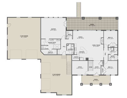 Main Floor: 3BR, 3BA, Kitchen, Dining, Family, Office, Ldry, Pantry, 2-car garage, 2 Porches, Fireplace, WIC, Stairs. House Plan # 2802-00569 Main Floor  Floor Plan Drawing by America's Best House Plans, Inc.