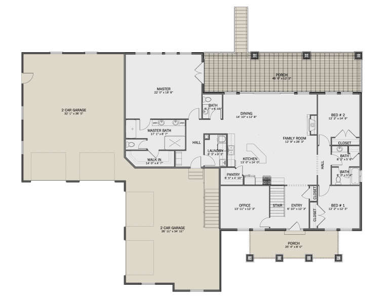 Main Floor: 3BR, 3BA, Kitchen, Dining, Family, Office, Ldry, Pantry, 2-car garage, 2 Porches, Fireplace, WIC, Stairs. House Plan # 2802-00569 Main Floor  Floor Plan Drawing by America's Best House Plans, Inc.