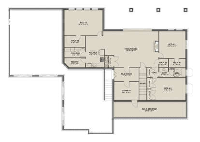 Basement: 3BR, 2BA, Family, Kitchen, Ldry, Pantry, Mud, Storage, Cold Storage, 3 WICs, Linen, Stairs, Fireplace. House Plan # 2802-00569 Basement Floor Plan Drawing by America's Best House Plans, Inc.