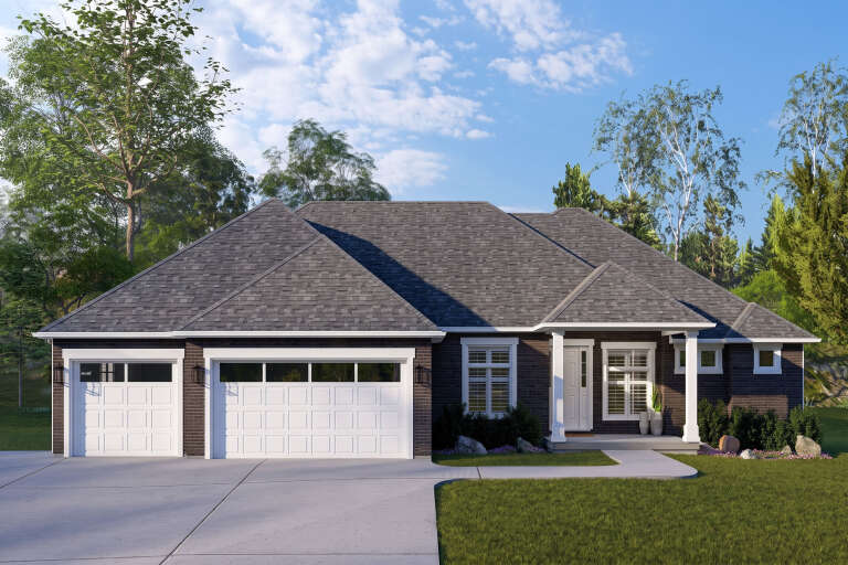 Dark Grey Traditional, Front Elevation with brick siding, white garage doors, porch columns, and manicured landscaping. House Plan # 2802-00570 Digital Rendering by America's Best House Plans, Inc.