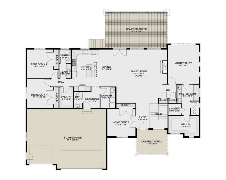 Main Floor: 3BR, 3BA, Vaulted Family, Kitchen, Dining, Office, Pantry, Ldry, Mud, 3-car garage, 2 Covered Porches, WIC, Stairs. House Plan # 2802-00570 Main Floor  Floor Plan Drawing by America's Best House Plans, Inc.