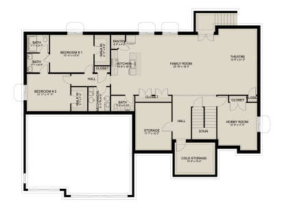 Basement: 2BR, 3BA, Kitchen, Pantry, Family, Theatre, Hobby, Storage, Cold Storage, WIC, Stairs. Unheated: Storage areas. House Plan # 2802-00570 Basement Floor Plan Drawing by America's Best House Plans, Inc.