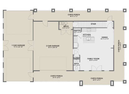 Main Floor: 1BA, Kitchen, Dining, Family, Pantry, Mech, 3-car garage, stairs, 4 covered porches. Unheated: garage/porches. House Plan # 2802-00571 Main Floor  Floor Plan Drawing by America's Best House Plans, Inc.