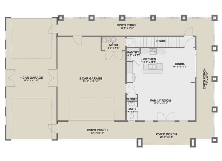 Main Floor: 1BA, Kitchen, Dining, Family, Pantry, Mech, 3-car garage, stairs, 4 covered porches. Unheated: garage/porches. House Plan # 2802-00571 Main Floor  Floor Plan Drawing by America's Best House Plans, Inc.