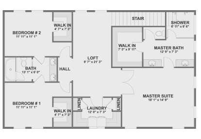 Second Floor: 3BR, 2BA, Loft, Ldry, 3 WICs, 2 Linen closets, Stairs. Master suite with private bath and WIC. House Plan # 2802-00571 Second Floor Floor Plan Drawing by America's Best House Plans, Inc.