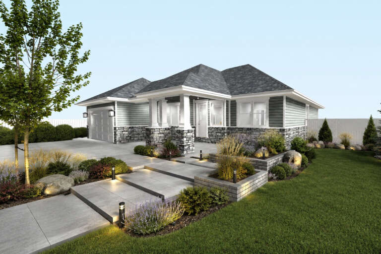 Grey Traditional, Angled Front Elevation, stone siding, concrete steps, lit landscaping, porch columns, and path lighting. House Plan # 2802-00572 Digital Rendering by America's Best House Plans, Inc.
