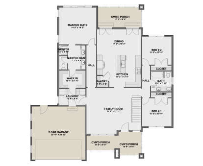Main Floor: 3BR, 2BA, Family, Kitchen, Dining, Pantry, Ldry, 2-car garage, 3 Cvr'd Porches, WIC, Linen closets, stairs. House Plan # 2802-00572 Main Floor  Floor Plan Drawing by America's Best House Plans, Inc.