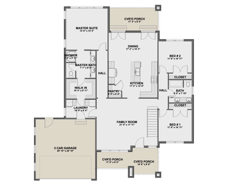 Main Floor: 3BR, 2BA, Family, Kitchen, Dining, Pantry, Ldry, 2-car garage, 3 Cvr'd Porches, WIC, Linen closets, stairs. House Plan # 2802-00572 Main Floor  Floor Plan Drawing by America's Best House Plans, Inc.
