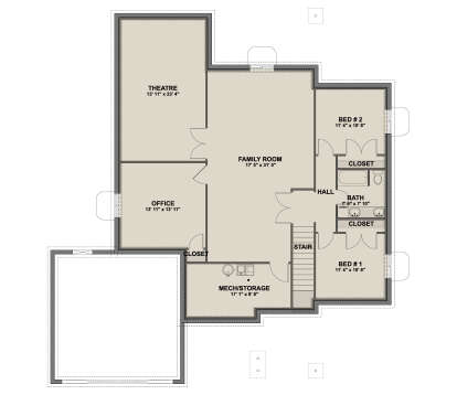 Basement: 2BR, 1BA, Theatre, Family, Office, Mech/Storage, Hall, Stairs, Closets. Unheated: Mech/Storage area. House Plan # 2802-00572 Basement Floor Plan Drawing by America's Best House Plans, Inc.