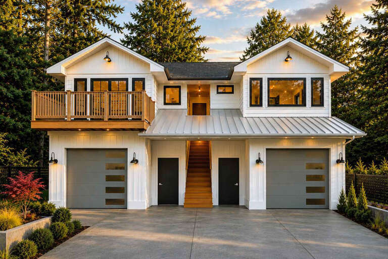 White Modern Farmhouse, Front Elevation, board-and-batten siding, metal roof, wood balcony, gray garage doors, lighting. House Plan # 5984-00072 Digital Rendering by America's Best House Plans, Inc.
