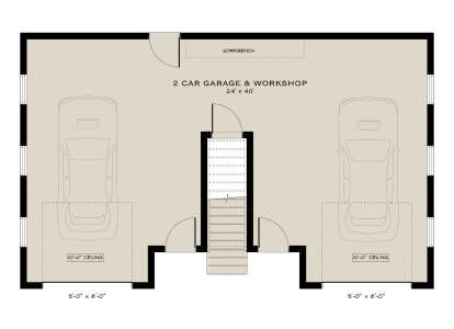 Garage Floor: 2-car garage, workshop area, stairs, 10' ceilings. Unheated space. House Plan # 5984-00072 Garage Floor Floor Plan Drawing by America's Best House Plans, Inc.