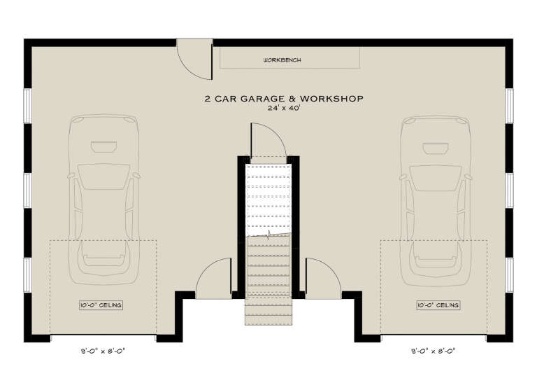 Garage Floor: 2-car garage, workshop area, stairs, 10' ceilings. Unheated space. House Plan # 5984-00072 Garage Floor Floor Plan Drawing by America's Best House Plans, Inc.