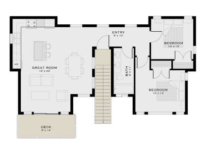 Main Floor: 2BR, 1BA, open Great Room with Kitchen, Entry, stairs, Deck. Unheated: Deck. House Plan # 5984-00072 Main Floor Floor Plan Drawing by America's Best House Plans, Inc.