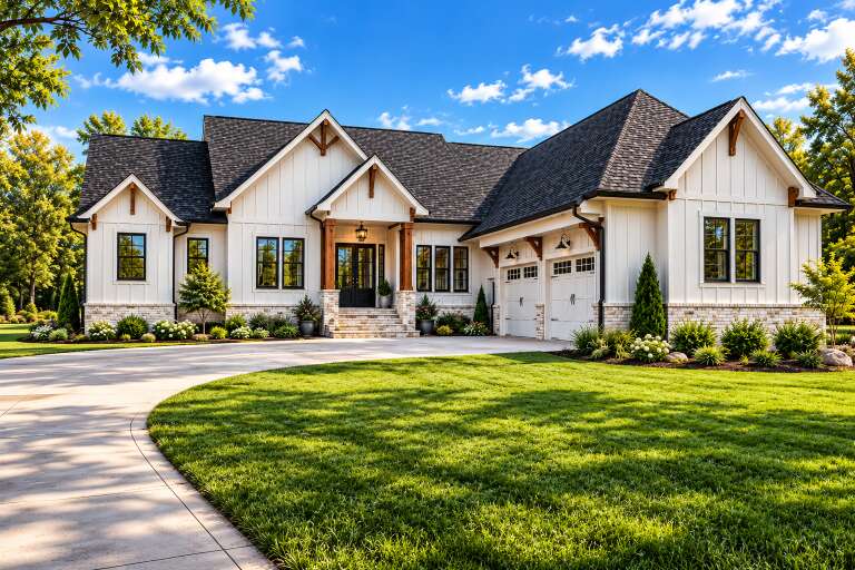 White Modern Farmhouse, Angled Front Elevation, board-and-batten siding, stone base, wood accents, lanterns, landscaping. House Plan # 6102-00002 Digital Rendering by America's Best House Plans, Inc.