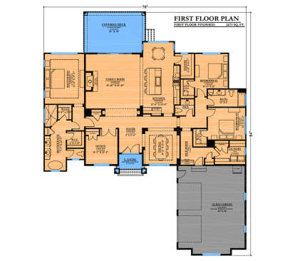 Main Floor: 3BR, 2.5BA, Office, Family, Kitchen, Dining, Ldry, Mud, 2-car garage, Covered Deck, WICs, 12-17' ceilings. House Plan # 6102-00002 Main Floor  Floor Plan Drawing by America's Best House Plans, Inc.