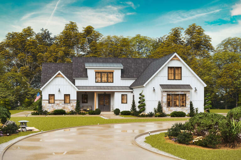White Modern Farmhouse, Front Elevation, board-and-batten siding, stone veneer base, metal roof, sconces, lush landscaping. House Plan # 699-00557 Digital Rendering by America's Best House Plans, Inc.