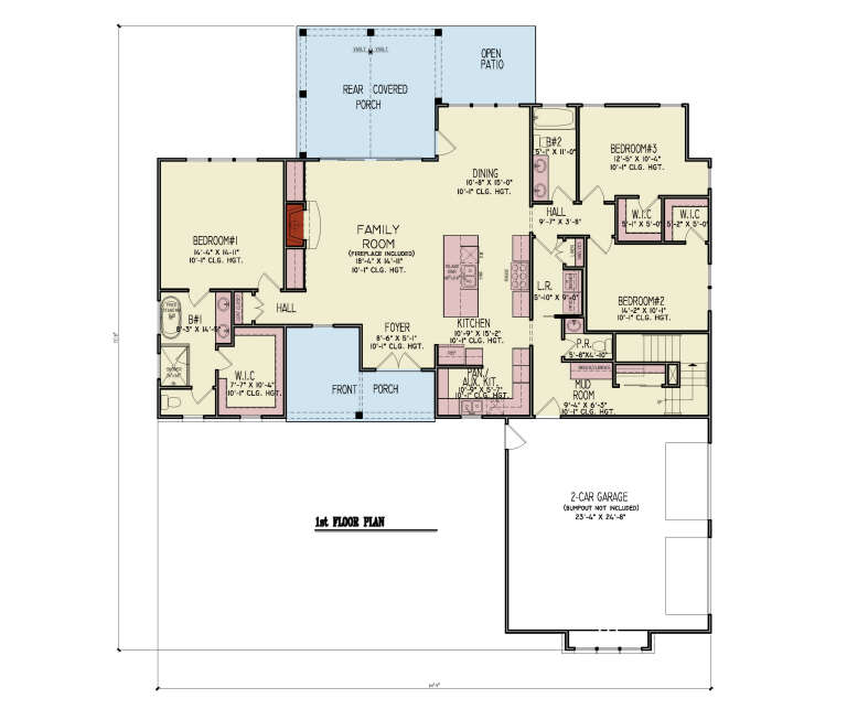 Main Floor: 3BR, 2.5BA, Family w/ fireplace, Kitchen, Aux Kit, Dining, Mud, Ldry, 2-car garage, 2 porches, patio, 3 WIC. House Plan # 699-00557 Main Floor  Floor Plan Drawing by America's Best House Plans, Inc.