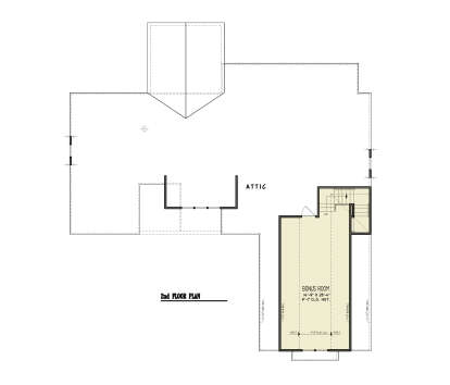Bonus Room, stairs, attic storage space. Vaulted ceilings, 9'1" flat ceiling height. Unheated: attic area. House Plan # 699-00557 Bonus Room Floor Plan Drawing by America's Best House Plans, Inc.