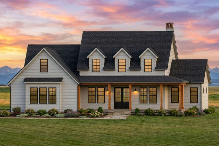 White Modern Farmhouse, Angled Front Elevation, lap siding, wood porch posts, stone walkway, lit windows, sunset sky. House Plan # 7983-00208 Digital Rendering by America's Best House Plans, Inc.