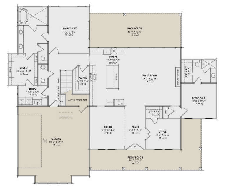 Main Floor: 2BR, 2BA, Office, Kitchen, Pantry, Dining, Family w/ FP, Ldry, 2-car garage, stairs, front/back porches. 10' clg. House Plan # 7983-00208 Main Floor  Floor Plan Drawing by America's Best House Plans, Inc.