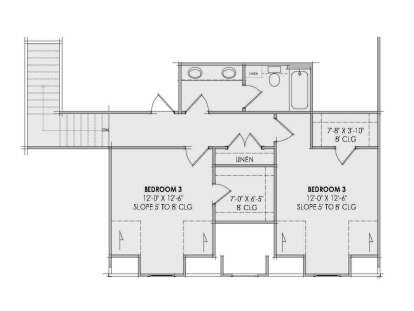 Second Floor: 2 BR, 1 BA, stairs, 2 linen closets, 1 WIC. Sloped ceilings (5' to 8') in bedrooms. House Plan # 7983-00208 Second Floor Floor Plan Drawing by America's Best House Plans, Inc.